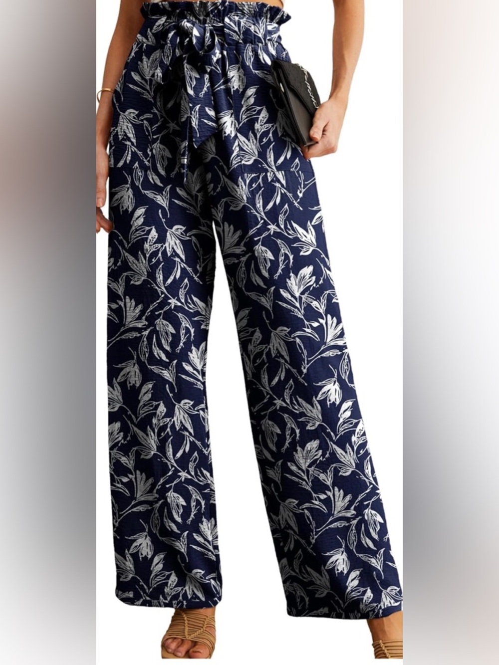 Wide Leg Floral Print Pants - Navy & White